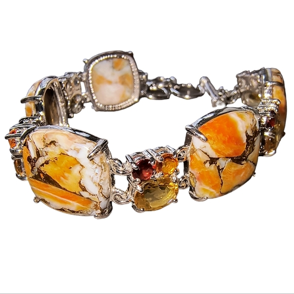 Pangea Mines Jewelry - Spiny Oyster & Multi Gemstone Sterling Silver Toggle Bracelet: Adjustable